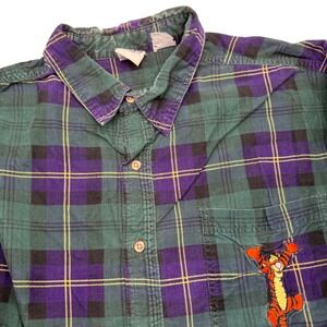 Disney Catalog Tigger Mens 2XL XXL Plaid Corduroy Button Down Shirt Green Purple